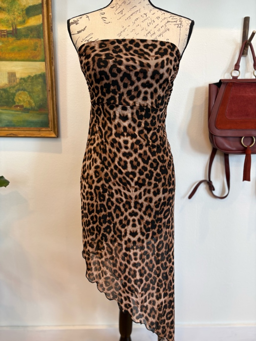 Leopard Print Strapless Asymmetrical Midi Dress Y2K Sheer Hem